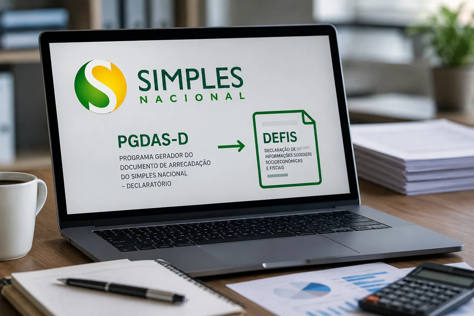 Notebook exibindo Simples Nacional, PGDAS-D e DEFIS, representando as mudanças nas obrigações do Simples Nacional a partir de 2027.