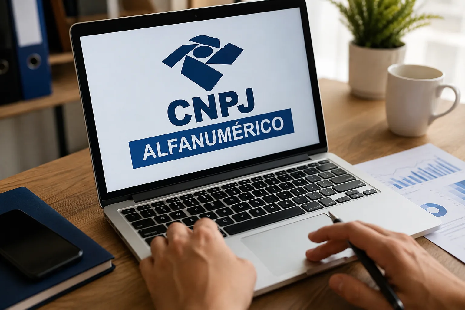 Notebook exibindo a expressão “CNPJ alfanumérico” em uma mesa de trabalho, representando a mudança no formato do cadastro de empresas em 2026.